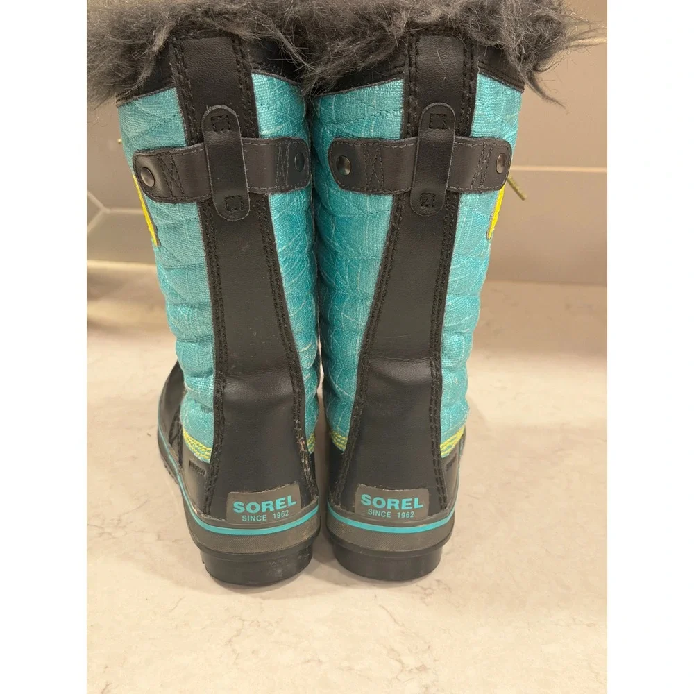 Sorel Tofino II Kids Waterproof Winter Boots Teal Black Faux Fur Size 2
